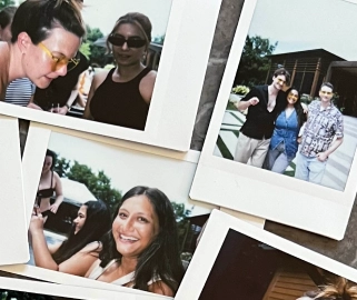 Collage of overlapping instant photos showing candid moments of people smiling and posing together.