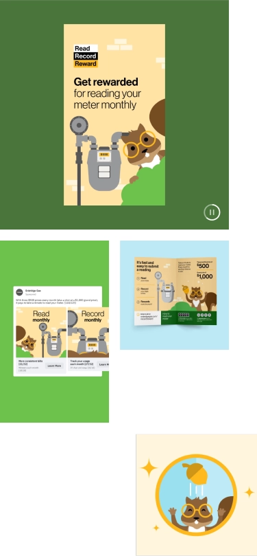 Four graphics of a cartoon squirrel reading a utility meter, promoting a monthly meter reading program with rewards and instructional guides.