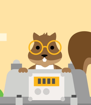 A cartoon squirrel wearing yellow glasses stands behind a large machine with buttons and a display, set against a light background.