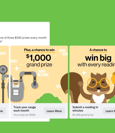 Three illustrated cards with a cartoon squirrel, promoting $500 monthly prizes, a $1,000 grand prize, and winning by submitting a meter reading.