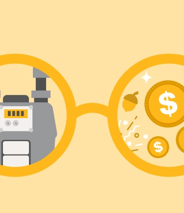 Illustration of eyeglasses showing a gas meter in one lens and gold coins with dollar signs in the other, symbolizing energy savings.