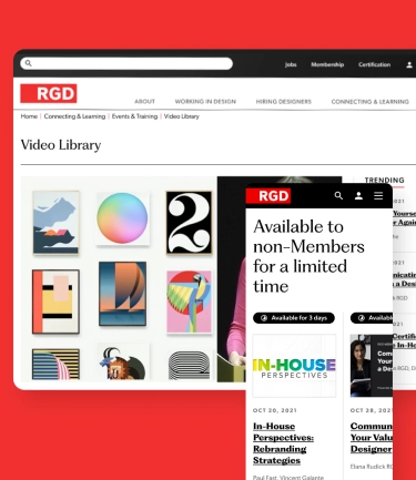 Desktop and mobile pages of the Video Library page on a red background, showing a featured talk thumbnail and a sidebar of trending items.